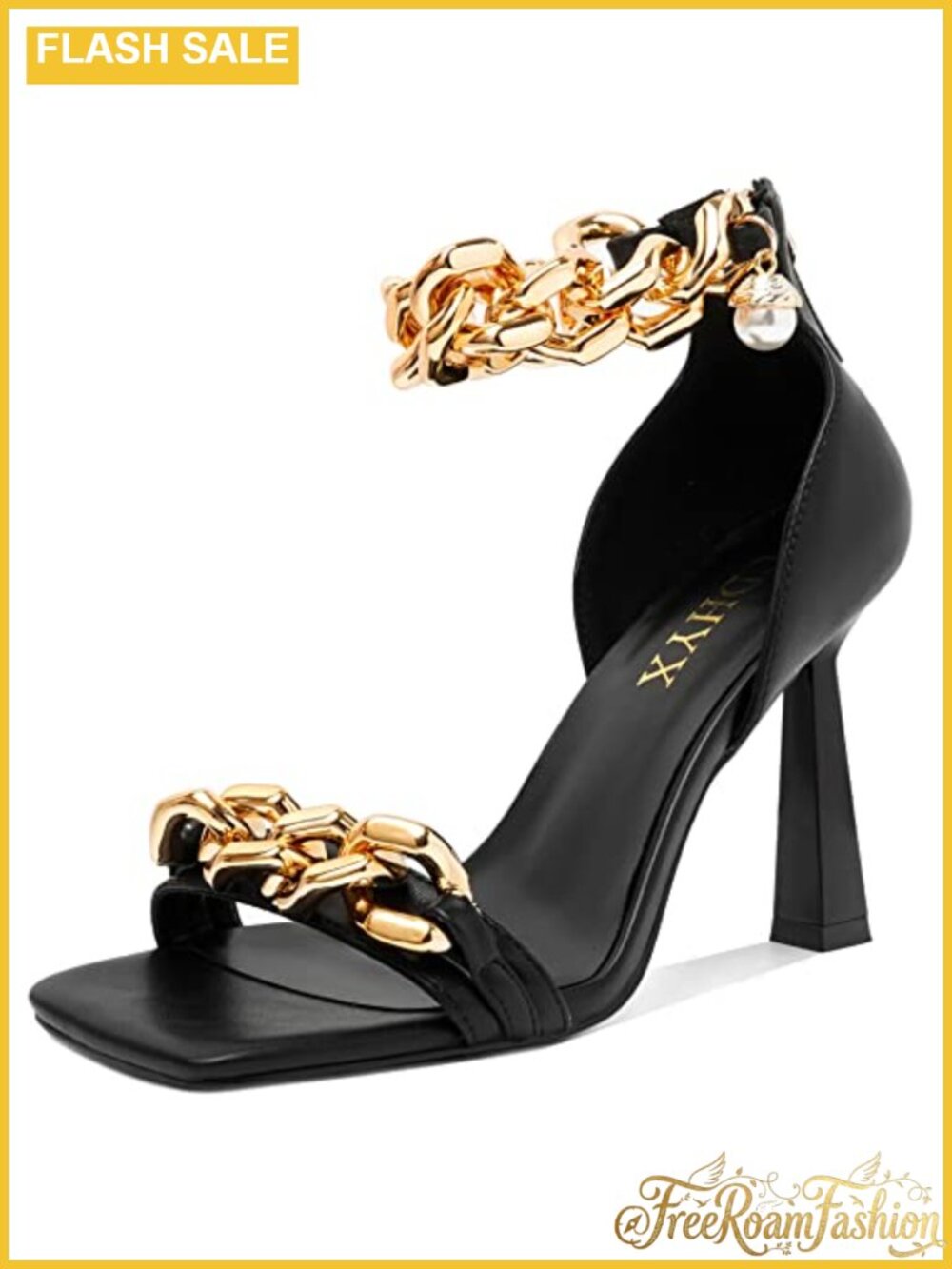 Square Open Toe Stiletto Heel Sandals Chain Pearl Ankle Strap